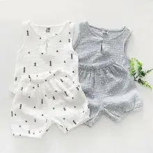 Одежда из хлопка и льна для новорожденных мальчиков от 0 до 24 месяцев, 2 предмета Топ без рукавов, футболка короткая летняя повседневная одежда для маленьких мальчиков