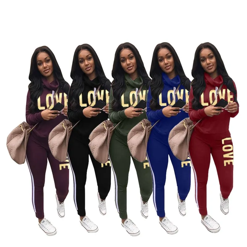 

Letter Printed Women Suits Two Piece Set Pile Collar Hooded Pullovers Tops+Striped Long Pants Woman Casual Playsuit Plus Size