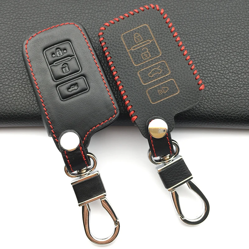

Genuine Leather Key Chain Remote Control Car Cover Case Cover for Toyota RAV4 Corolla Camry Crown Prado 3 Button Smart Key shell