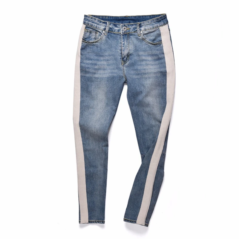 Мужские синие и черные обтягивающие джинсы в полоску в стиле хип-хоп kanye weist, мужские Эластичные Обтягивающие винтажные уличные джинсы на молнии для бега