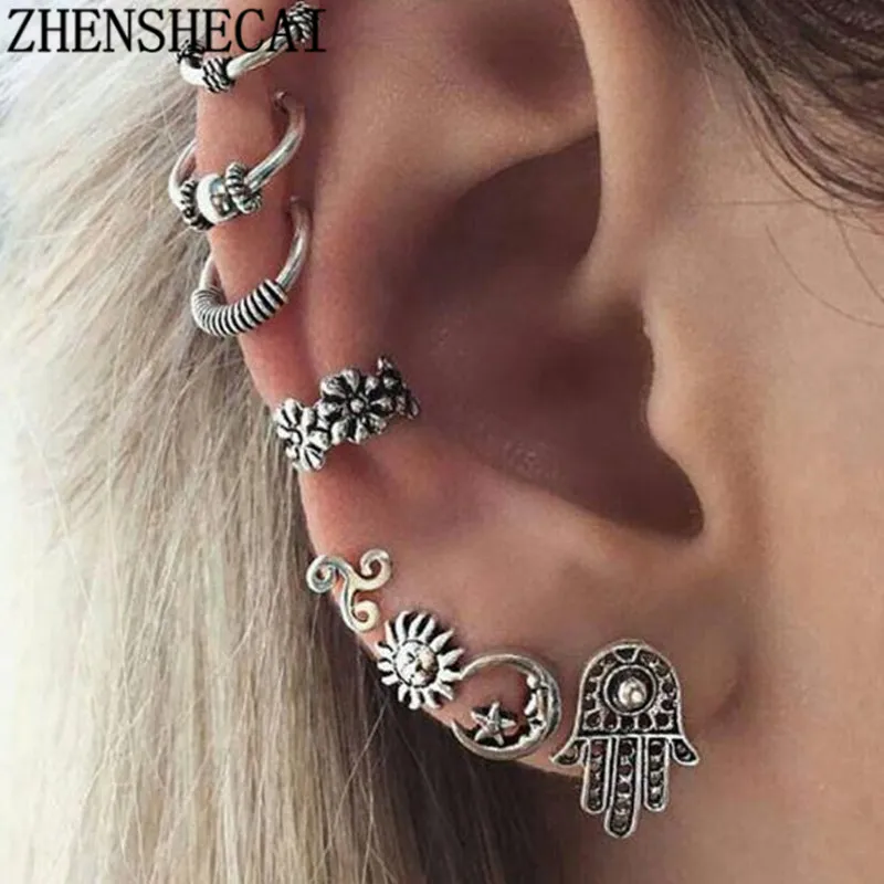 

Punk Metal Water Drop Chain Earrings Sets Vintage 6PCS Silver Color Tassel Ear Clip Set Women Brincos boucle d'oreille e0262