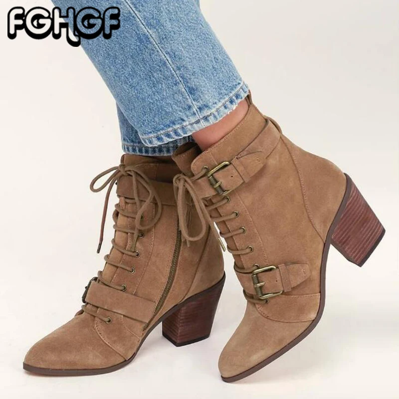

Plus size women's boots 2018 Autumn Winter women Lace up Buckle Casual shoes Lady Square Heels ankle Boots Martin Boots Y223
