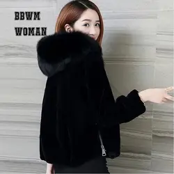 Теплая зима с капюшоном Для женщин пальто короткое корейский новый имитация лиса меховой воротник 2018 элегантный черный мягкий ворсин