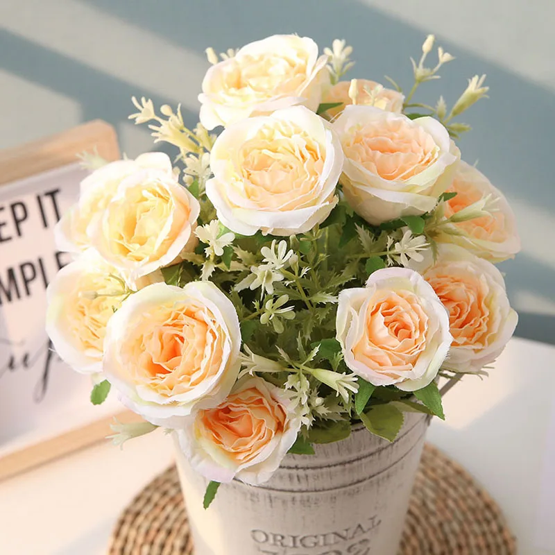 Flone High Quality Silk 12 Head Rose Bouquet Fake Flowers Artificial Flowers Tea Rose Wedding Living Room Decoration Accessories (14)