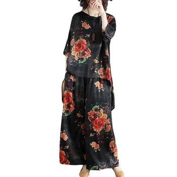 

New Spring Summer Printing large size Suit women's culottes loose sleeves shirt Two pieces Womens Fashion Casual Sets Tide F017