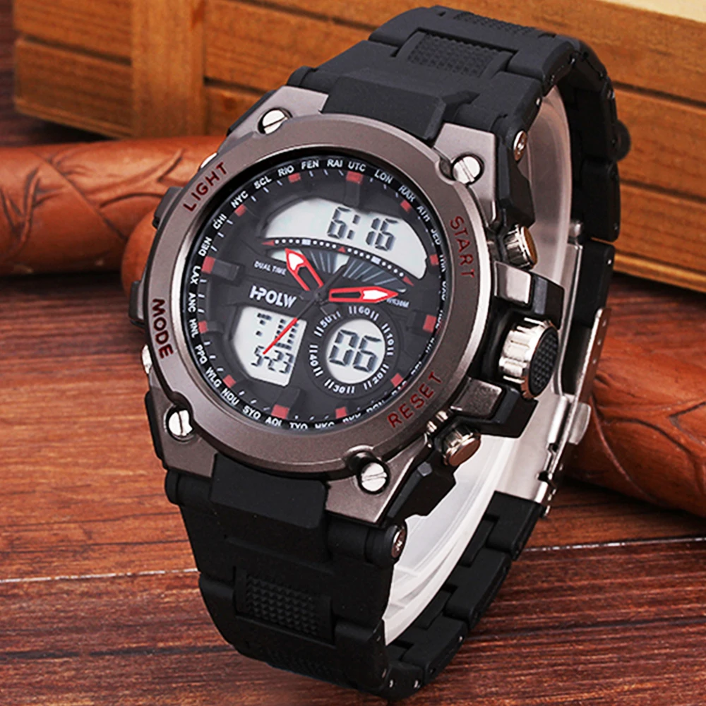 

New HPOLW brand Sports Chronograph Men's Wrist Watches Digital Quartz Dual Movement Waterproof Diving Watchband Males Clock
