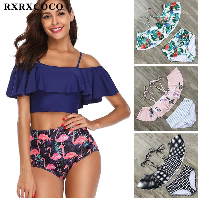 

RXRXCOCO Printed Bikinis Women Sexy Ruffle Swimsuit Off Shoulder Bathing Suit Floral Bandeau Plus Size Swimwear Female Strapless