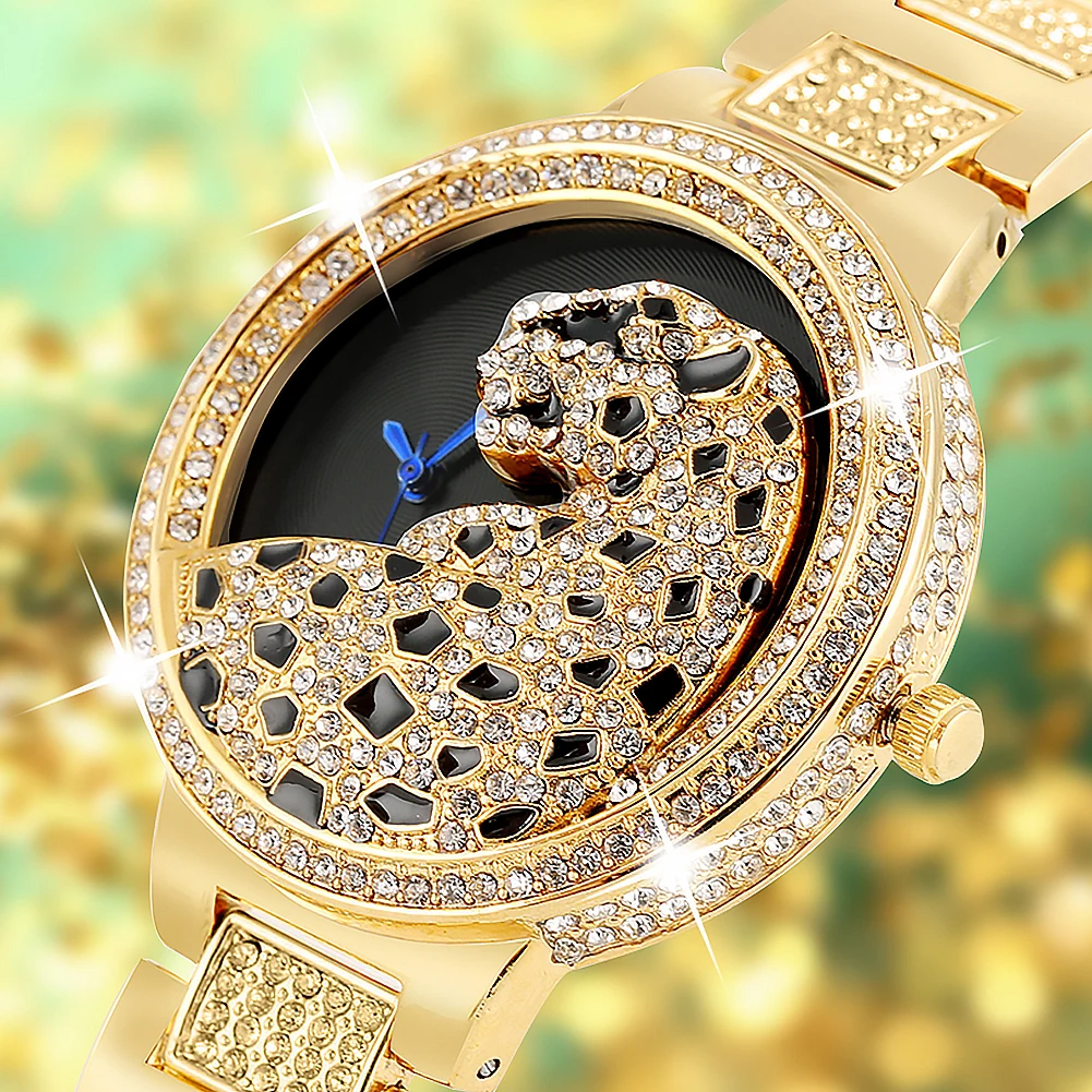 

Elegant Quartz Analog Watch Creative Diamond-encrusted Leopard Pattern Watches Premium Alloy Band Top Brand BELBI Female Luxury