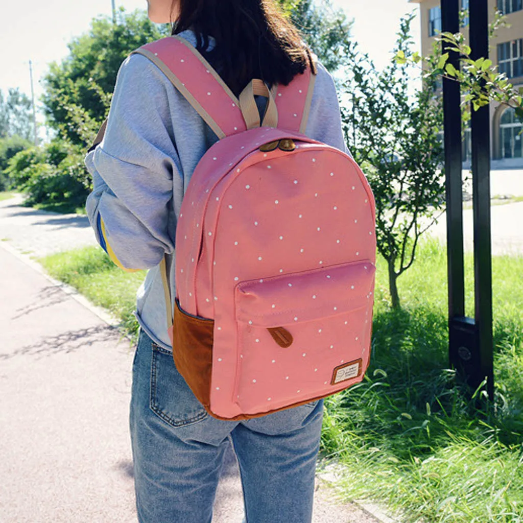 

School Backpack For Teenager High Capacity Lovely Wave Point Zippers Schoolbag Canvas Lightweight Portable Rucksack Back Pack #V