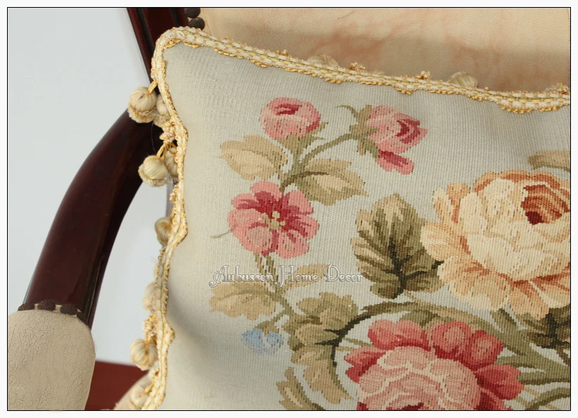 Wool Woven Aubusson Pillow BLUE PINK Shabby French Chic Rose Cushion Cover 16X12 