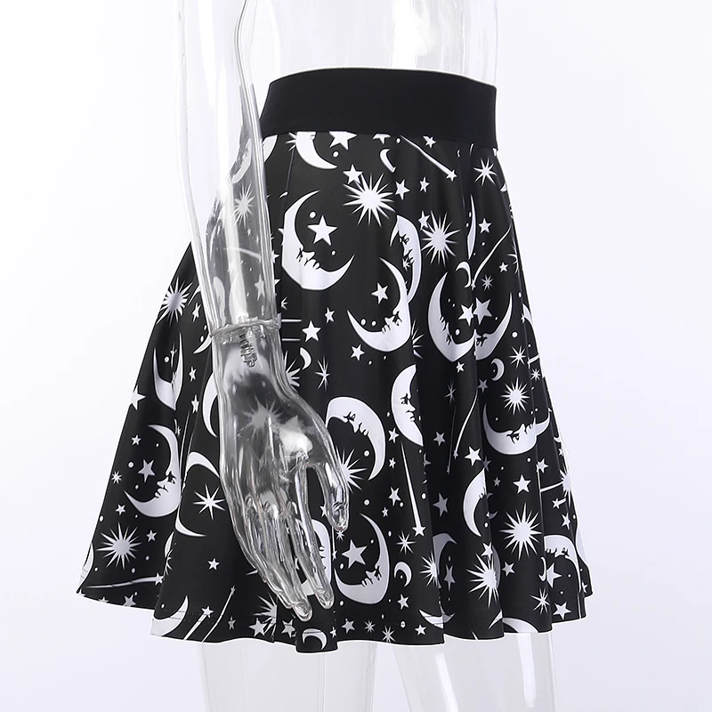 InstaHot Star Moon Printed Skirts High Waist Gothic Stretchy Pleated Skirt Harajuku Casual Punk Mini Black Skirts Summer Fashion