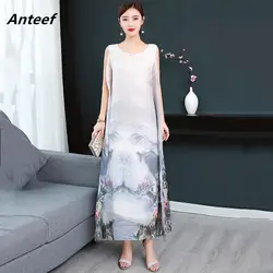 Шелковый шифон размера плюс винтажное цветочное женское повседневное Свободное длинное летнее платье от солнца элегантная одежда 2019