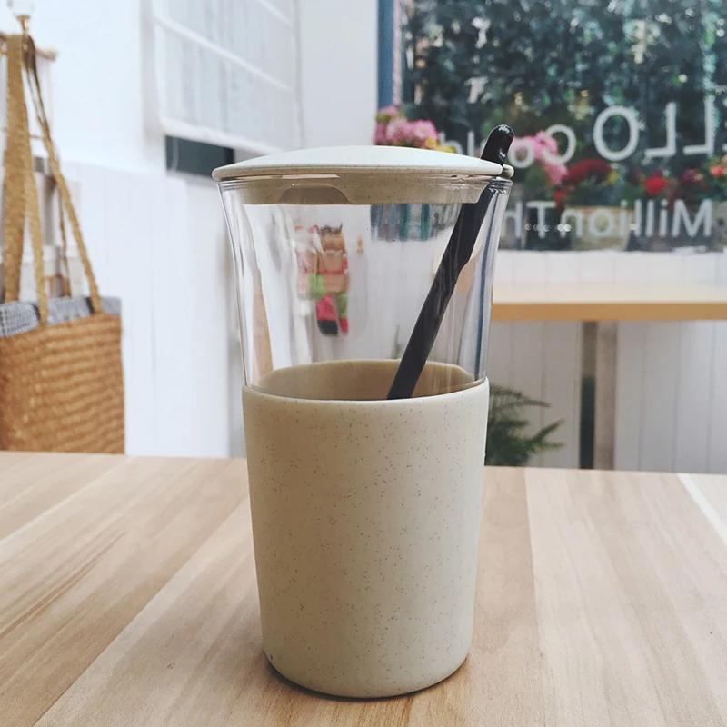 Пшеничное волокно анти-горячий молоко кофе кружки Крышка для чашки с ложкой боросиликатного стекла рукоятка