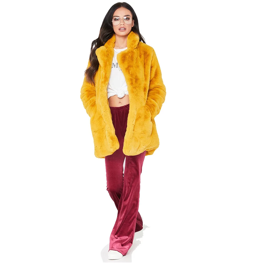 Зимнее женское длинное пальто из искусственного меха, свободные топы, толстая плюшевая верхняя одежда с отложным воротником, женское теплое пальто с мехом размера плюс - Цвет: Цвет: желтый