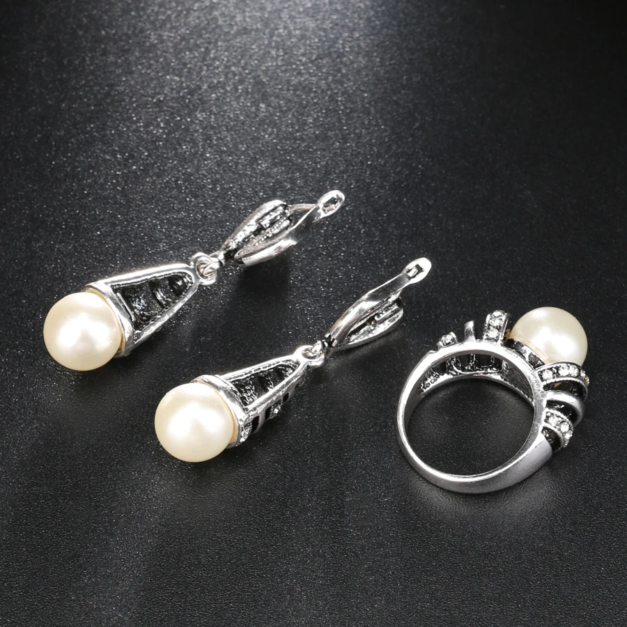 Комплект из колье серёг и кольца серебристого цвета|jewelry sets for women|pearl jewelry setwedding |