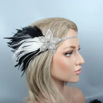 

Vintage original Design 1920's Flapper Gatsby Headpiece Black Feather Headband with Crystal Applique LC1006
