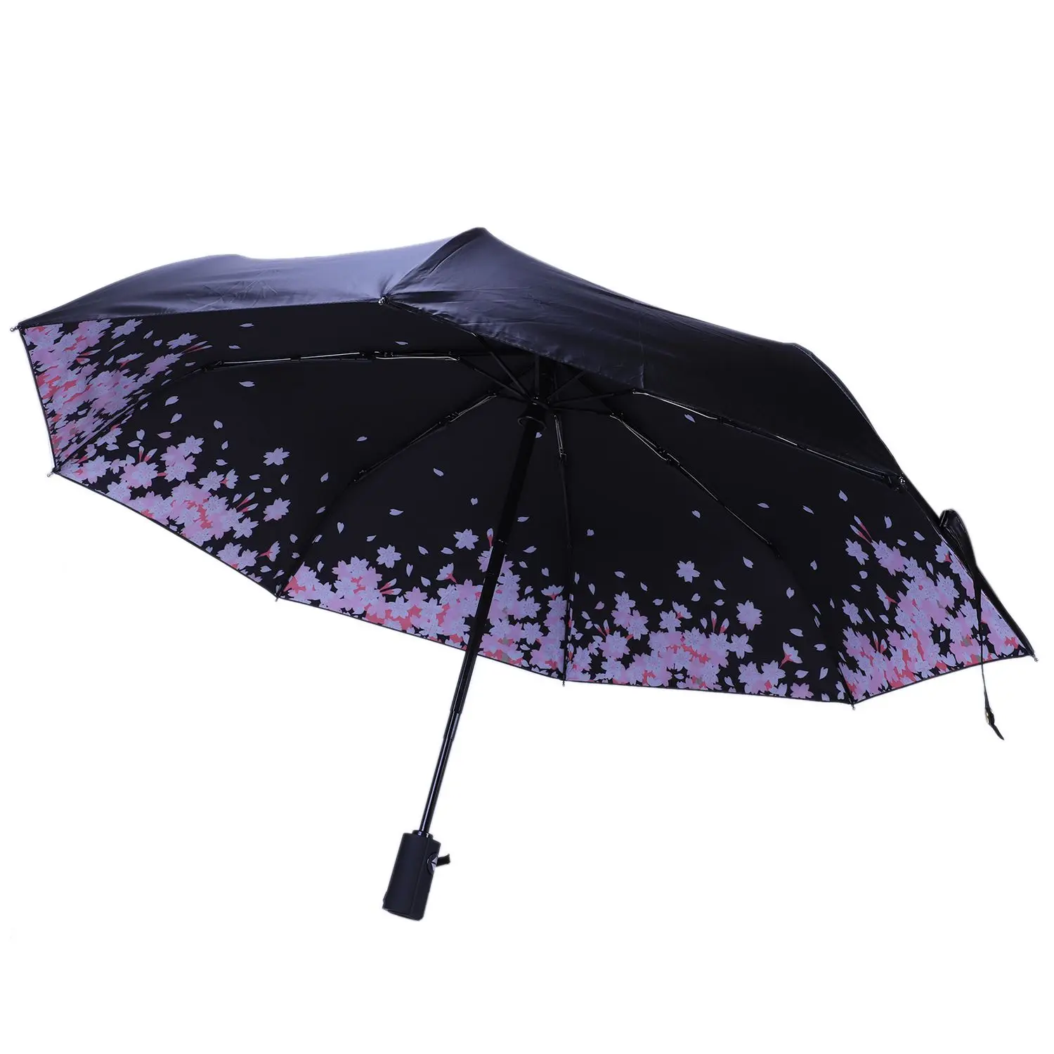 

Cherry Blossom Automatic Umbrella Female Parasol Black Coating Sun and Rain Umbrella Women 210T Fabric Three-Folding #C