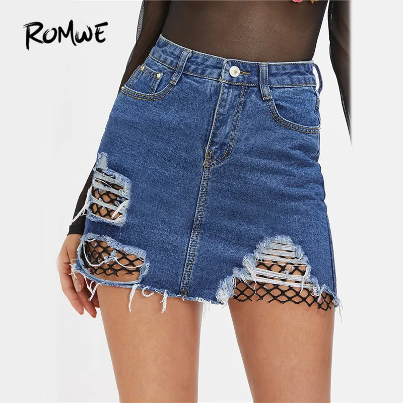 ROMWE Destroyed Mini Denim Skirt Women High Waist Fray Trim