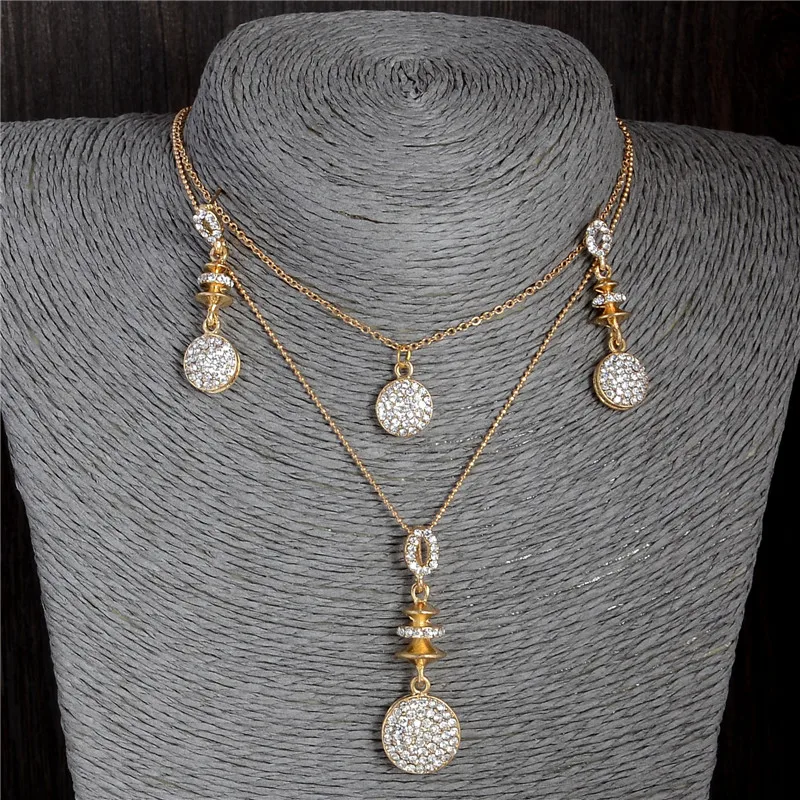 Hesiod Gold Color Round Pendant Necklace Multi-layer Chain Earrings Sets Wedding Bridal Party Jewelry | Украшения и аксессуары