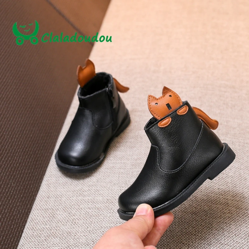 

Claladoudou 13.5-15.5CM Brand Little Girls Fashion Boots Thicker Fluff Warm Winter Toddler Girls Dress Shoes Cute Cartoon Boots