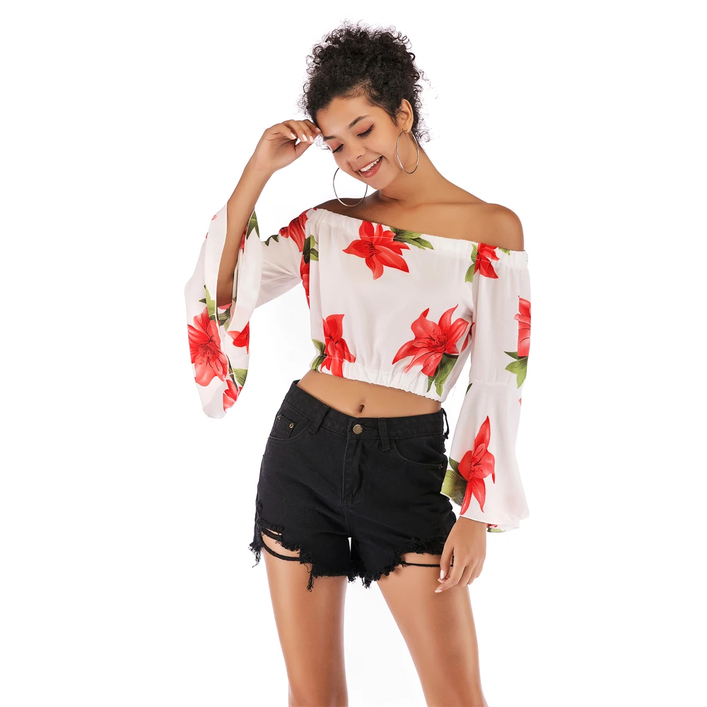 

Off Shoulder Flare Sleeve Backless Floral Chiffon Ladies Blouses Crop Top Women's Slash Neck Ruffles Leopard Printing Shirts