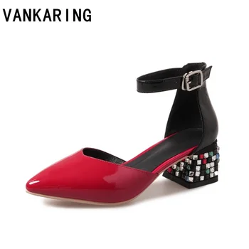 

brand genuine leather pumps rhinestone red party wedding shoes woman spring summer high heels sexy pointed toe female sandals
