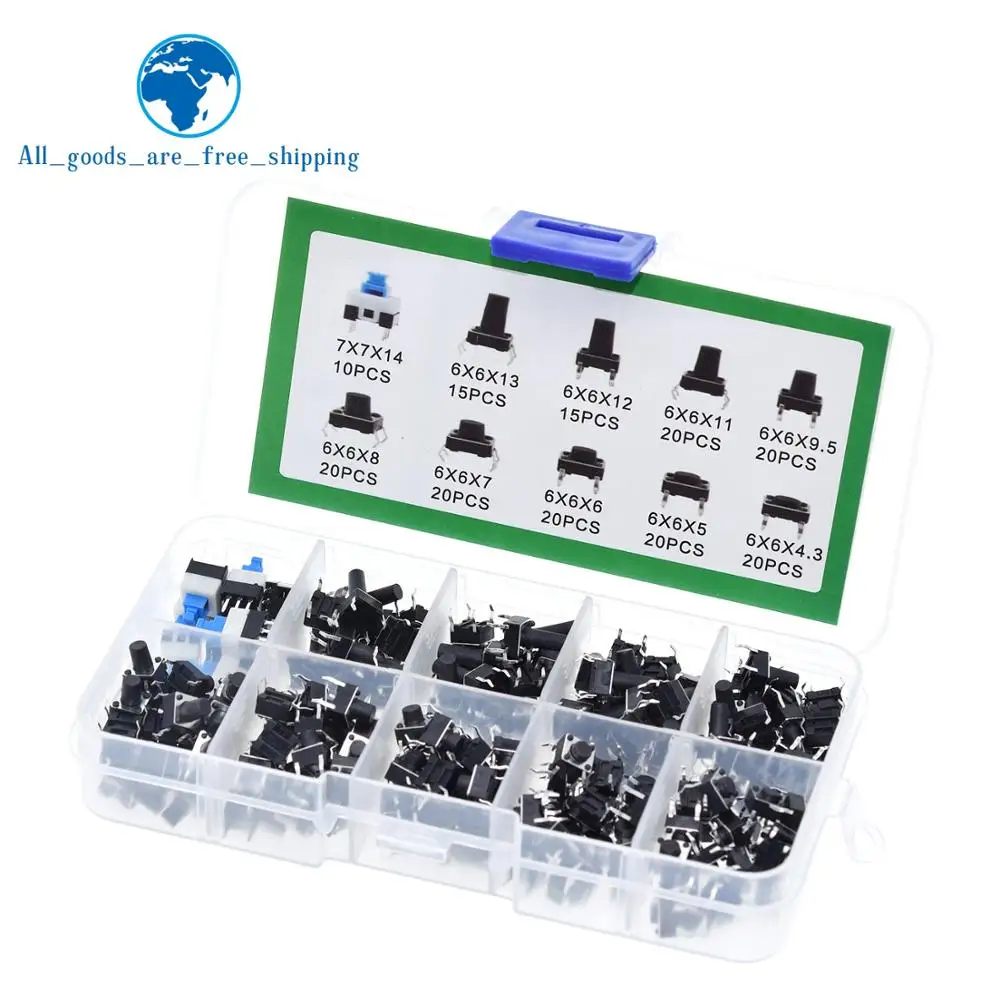 TZT 180PCS 10 Type 6*6 Light Micro Touch Switch Set Push Button Switch Kit Assortment Set DIY Accessories 6x6 Keys Tact ON/OFF