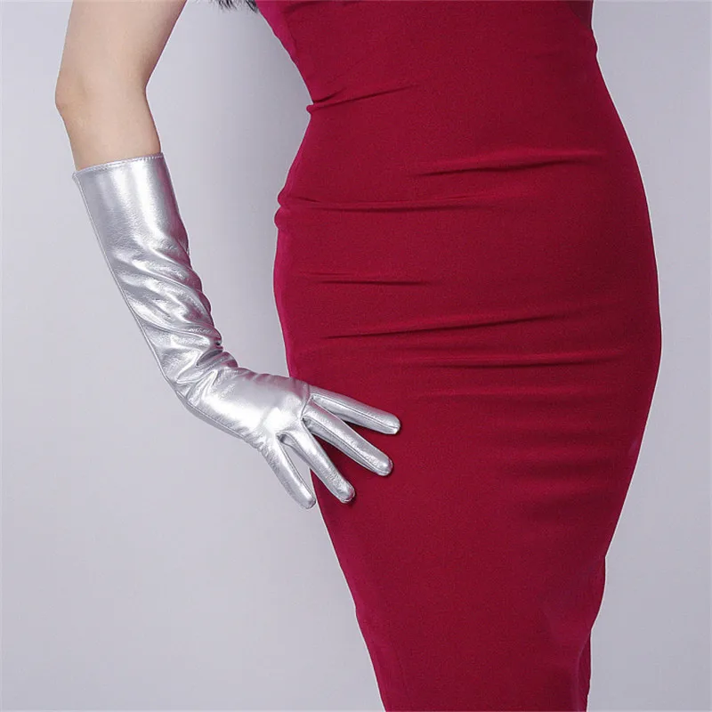 Женские перчатки из яркой лакированной кожи, женские перчатки из искусственной кожи для танцевальной вечеринки, кожаные серебристые перчатки из искусственной кожи для косплея, P1370-13 - Цвет: 40cm silvery