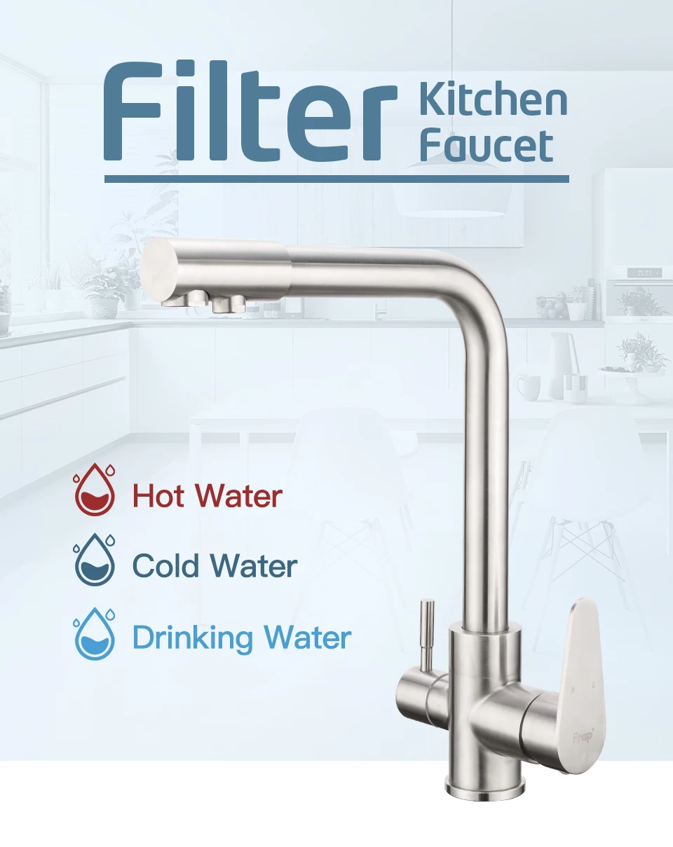 Frap Classic Kitchen Faucet With Filtered Water 304 Stainless Steel Water Purifier Dual Handle Drinking Tap Cold and Hot F4348