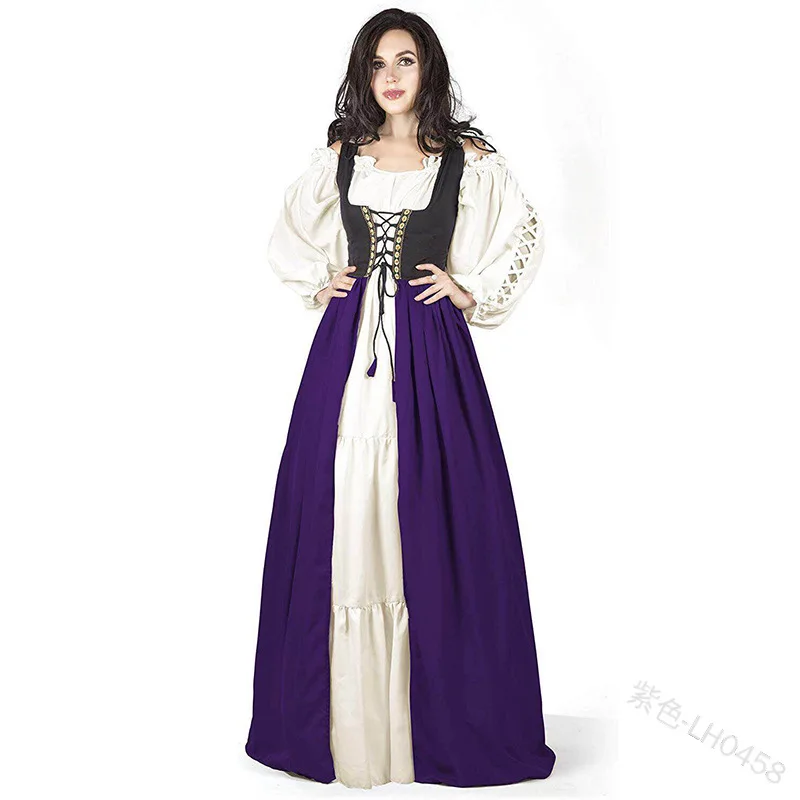 Размера плюс XXXXXL взрослых Для женщин средневековый костюм Макси длинное платье в пол, платье в викторианском стиле рукав ночное белье на шнуровке сзади Винтаж нарядное платье