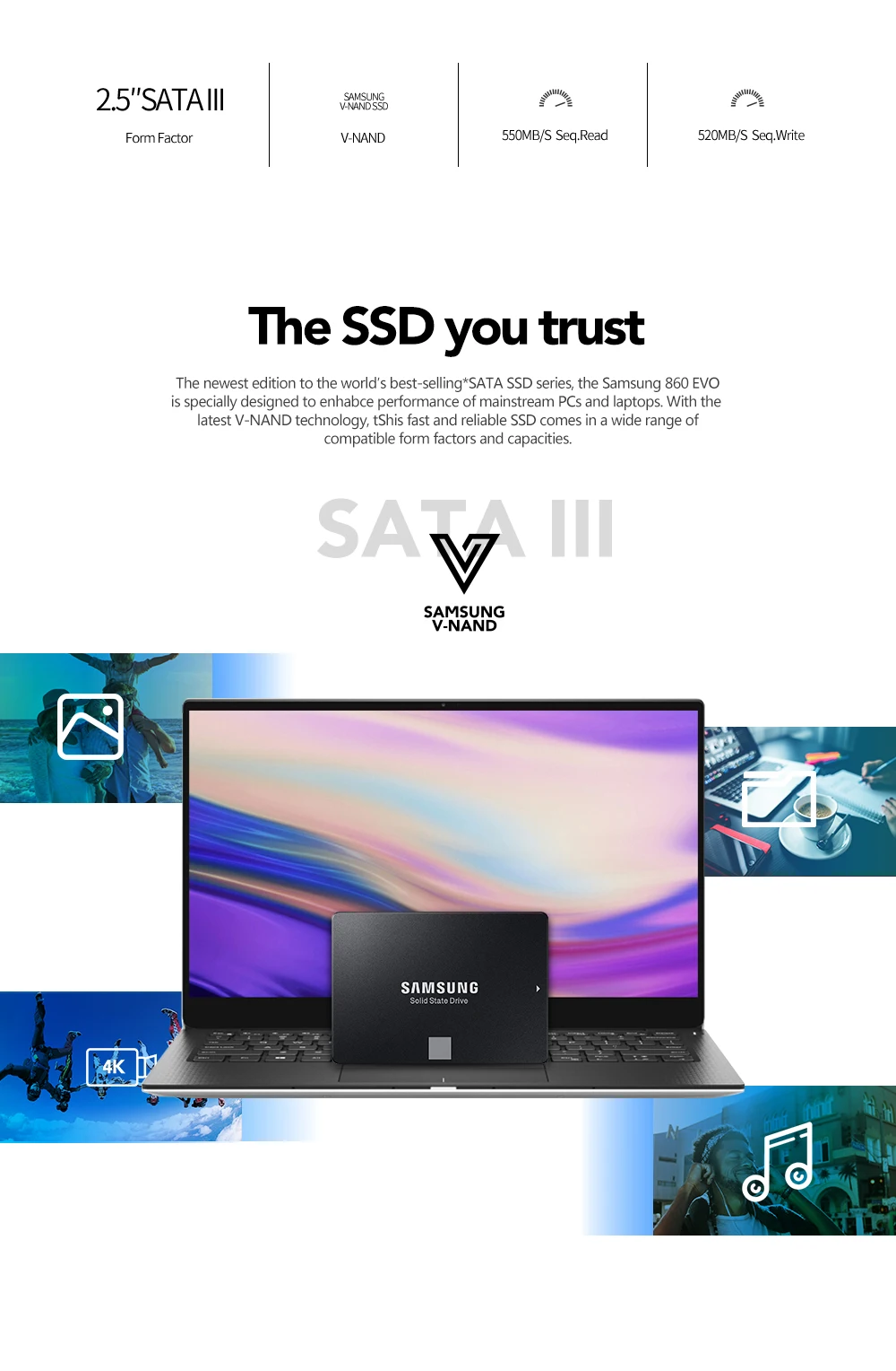 Samsung 860 EVO Internal Solid State Drive 250GB 500GB 1TB HDD Hard Disk HD SATA 3 2.5 inch SATA III SSD for Laptop Desktop PC