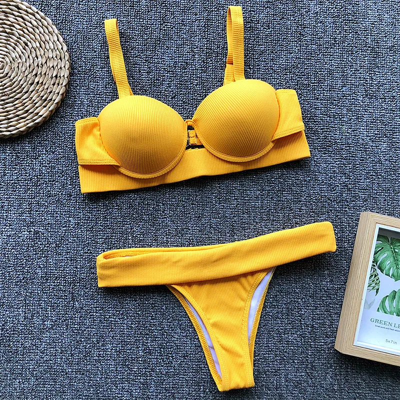 Желтый Одноцветный купальник бикини, женский купальник пуш-ап, бандажный бикини, летний пляжный купальник, бразильский комплект бикини