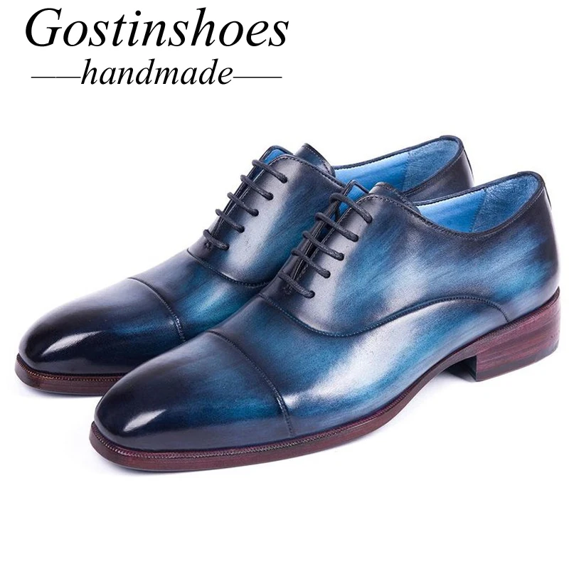 

GOSTINSHOES HANDMADE Goodyear Welted Blue Split Leather Captoe Lace-up Solid Men Leather Shoes Formal Dress Office Oxford SCZ026