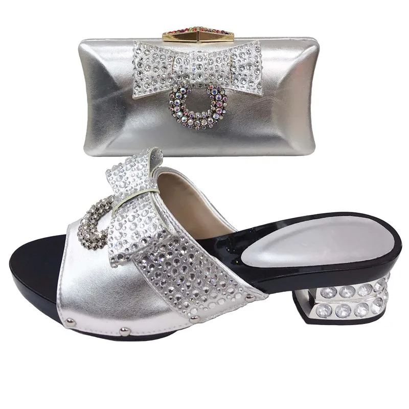 

Silver low heel 2 inches dance slippers shoes with clutches bag arican aso ebi shoes bag silver shoes matching bag set SB8353-2