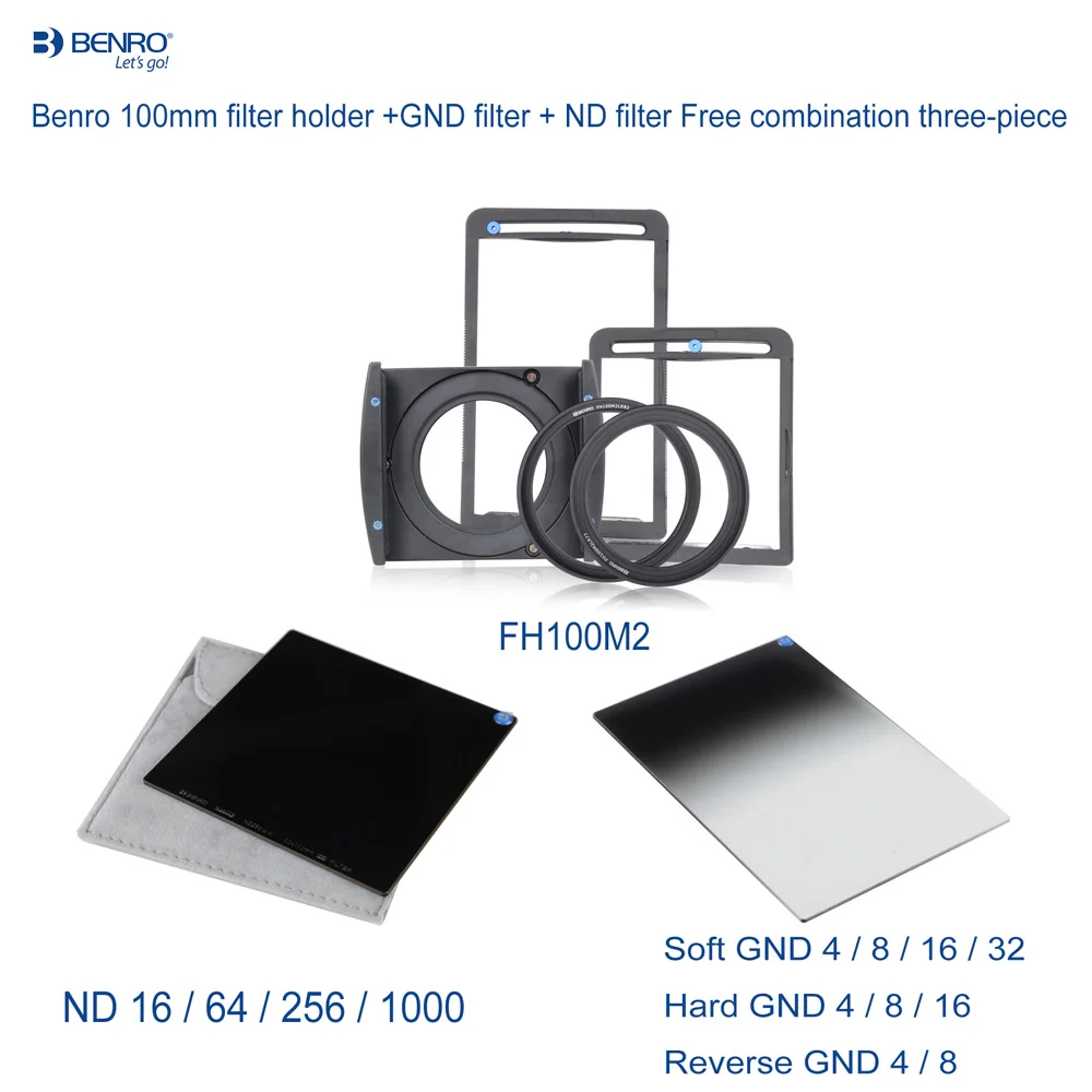 

Benro FH100M2 filter holder + 100*150mm Soft GND or Hard GND or Reverse GND + 100*100mm ND Filter 3-Pack Kit