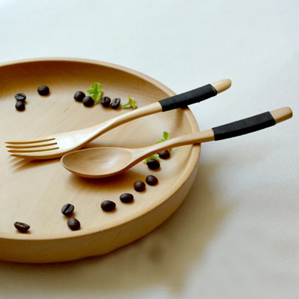 

2PC Western Tableware Wood Fork Spoon Dessert Set Retro vintage style Fruit Serving Children Food Utensi scoop supply