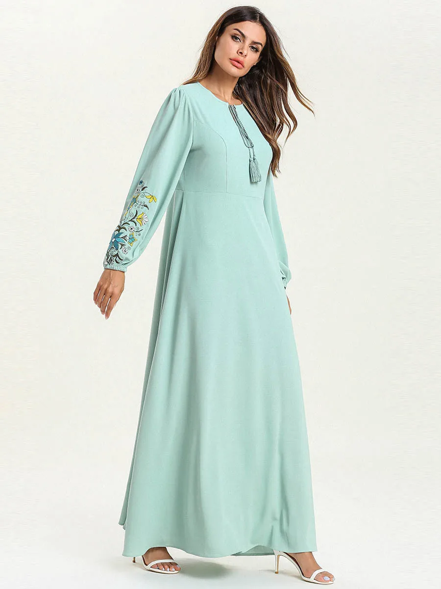 Abaya Muslim Women Clothes Green Plus Size Maxi Long Sleeve Embroidered Dress Sadoun.com