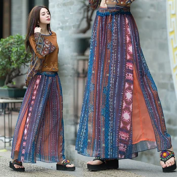 

women's trousers female autumn spring Mexico style ethnic designer boho long print wide leg pant Performance Wear