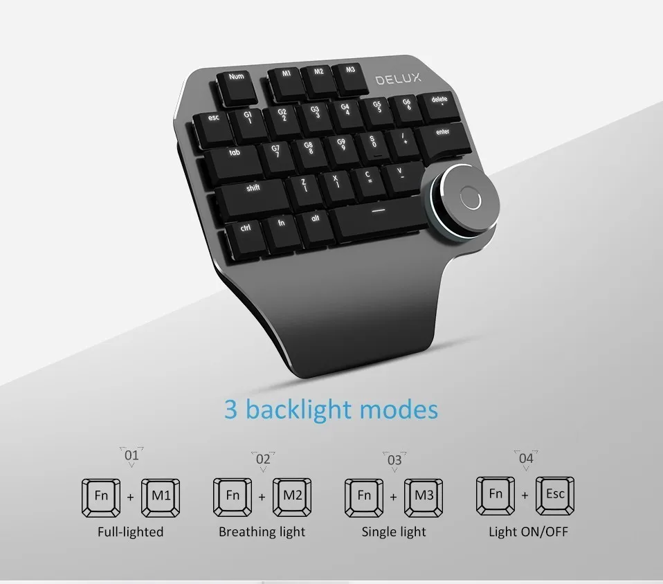 Delux T11 Designer Keyboard With Smart Dial 3 Group Customizable Keys Keypad Mechanical Single Hand For Gaming Designer Software