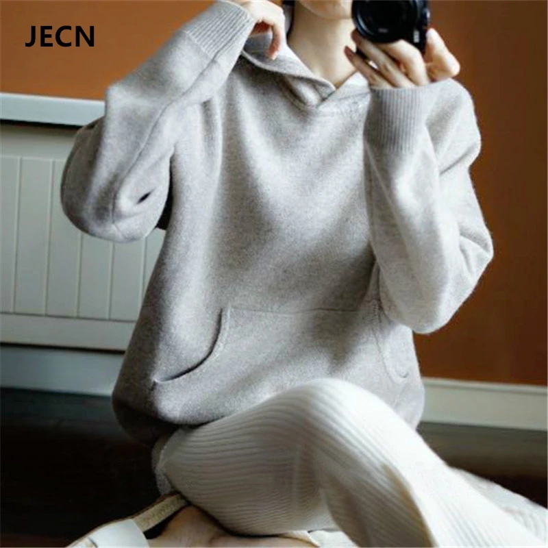 JECN Spring Winter Cashmere Wool Sweater Women Sweaters Knitted Hooded Warm Lady's Grade Up Jumpers and Pullovers with Pockets | Женская