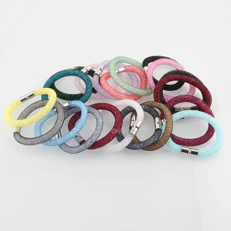 Stylish Plastic Mesh Bracelets, with Glass Beads and Tone Brass