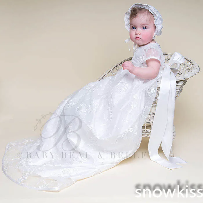 Puff Sleeves With Sash Bow Bonnet Lace Baby Boys Girls Infant Heriloom Dress Dedication Baptism Gown Long christening gowns