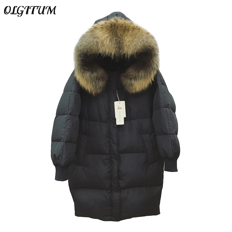 Зимнее новое пальто с капюшоном и воротником из натурального меха енота, 90% утиный пух, ультра-светильник, куртка для женщин, Длинные теплые свободные куртки для беременных, парка