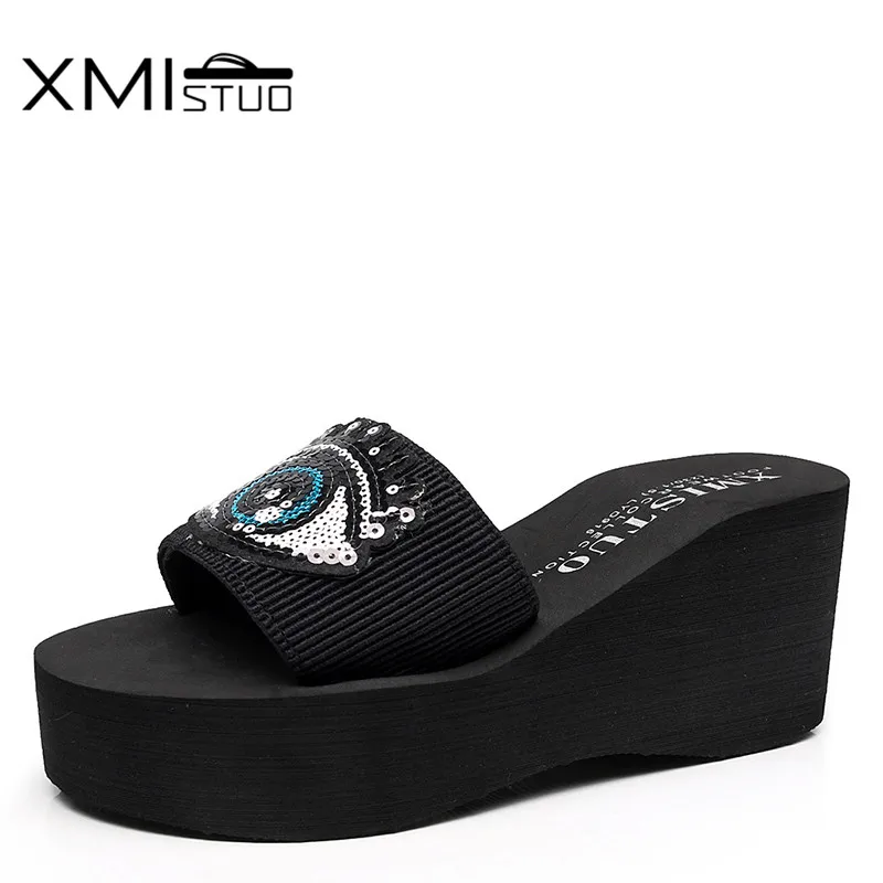 

XMISTUO Summer Women Flip Flops with Big Bling Eyes Female Beach Slippers 3CM Low-heeled Slippers Wedges Sandals 2 Color 7210