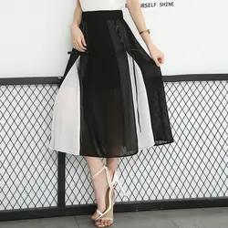 Плюс Размеры черный, белый цвет на шнуровке юбки женские плиссированные летние эластичные Высокая Талия Повседневное слово школьная юбка