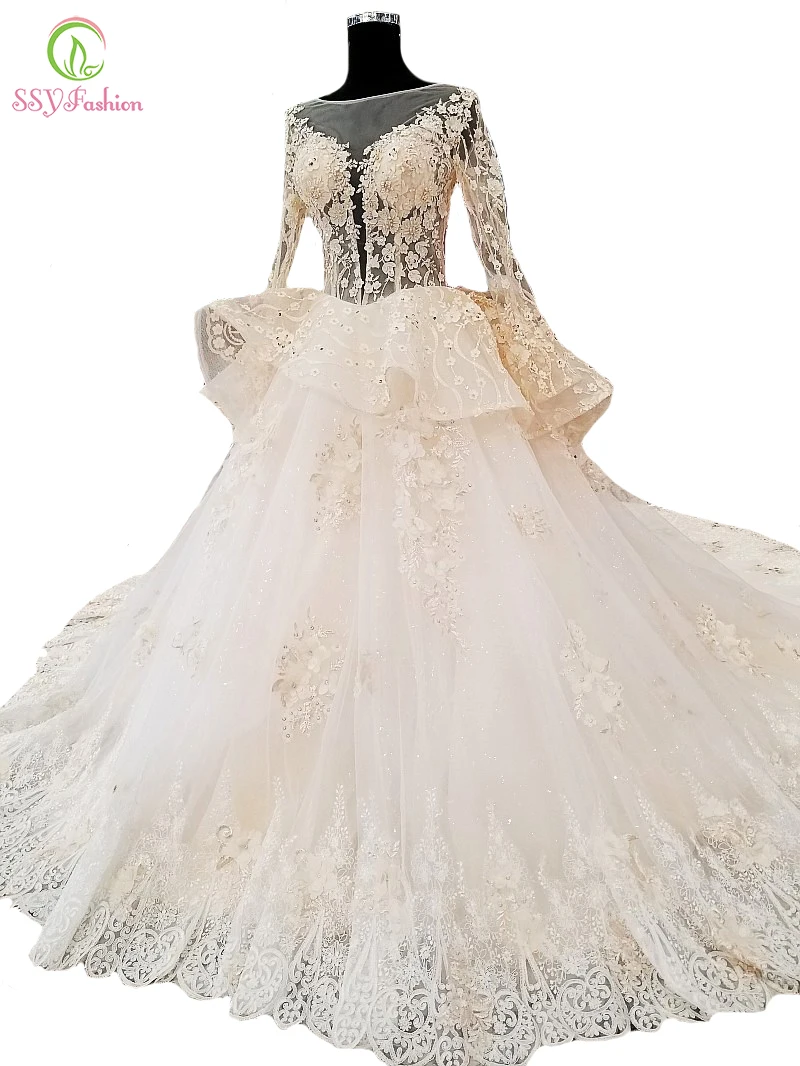 SSYFashion New High end Wedding Dress Luxury Lace Flower Beading Long