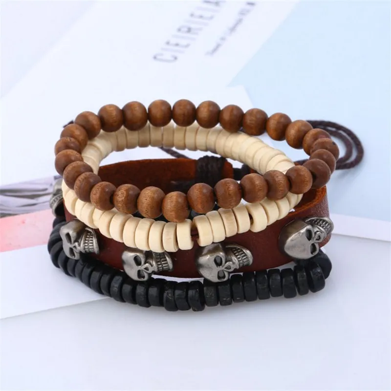 Мужской кожаный браслет Cuir Homme Pulsera Hombre мужской с черепами и деревянными бусинами