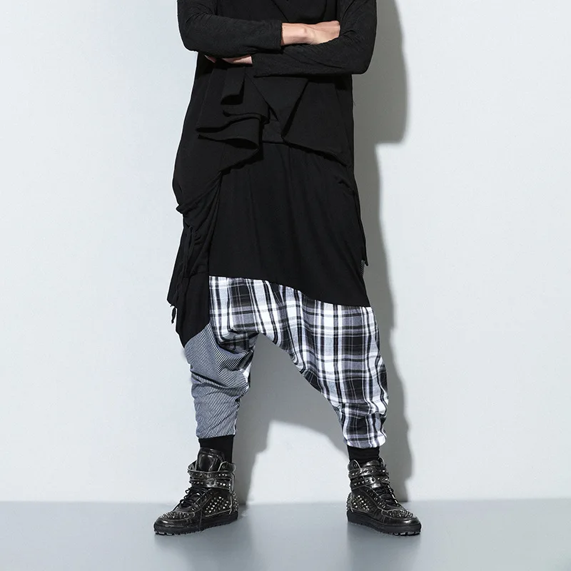 Hip Hop Loose Stretch Men Pants Full Length Spliced Plaid Harem Fashion Street Casual Drawstring Waist Male Trousers Tide | Мужская