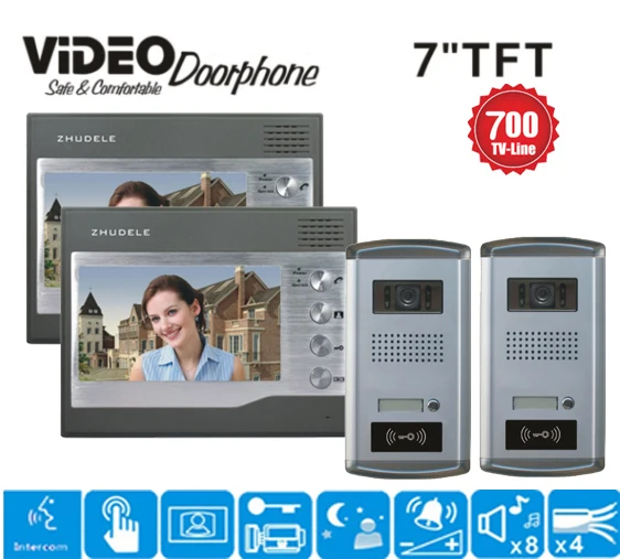 

ZHUDELE Top quality 7 " Video Door Phone 2 HD 700TVL  IR Night Doorbell Camera and 2 Monitors Intercom Doorbell with ID Card