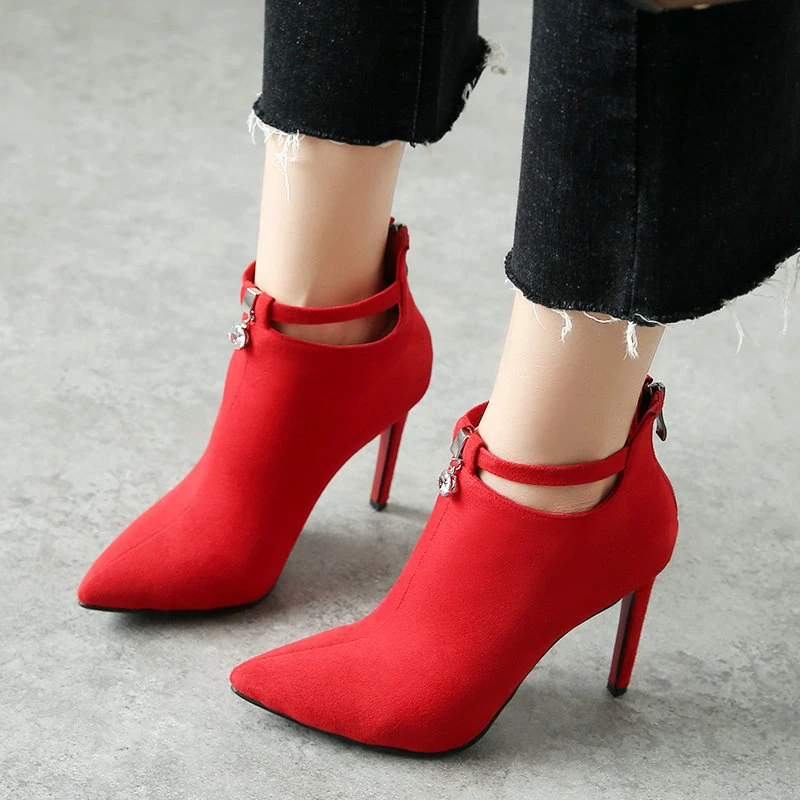 red faux suede boots